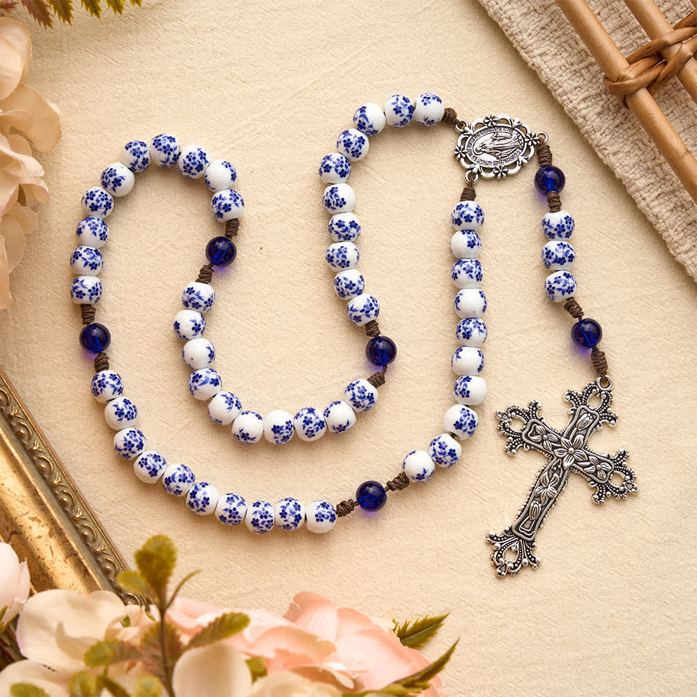 Floral Blue‑and‑White Porcelain Rosary With Floral Silver Cross & Virgin Mary Medal