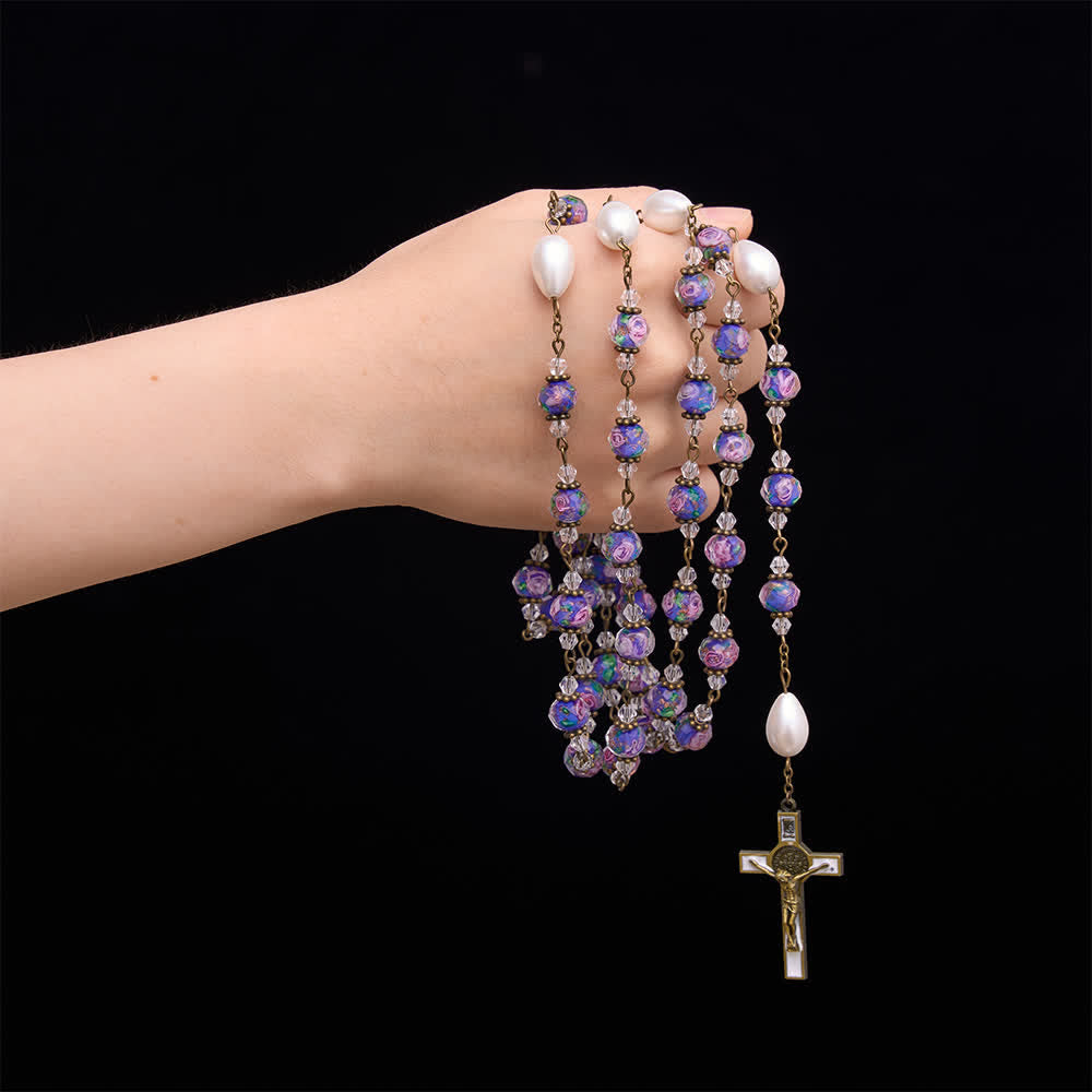 Antique‑Tone Chain Blue Glass Floral Beads Rosary With Our Lady Medallion & Detailed Crucifix