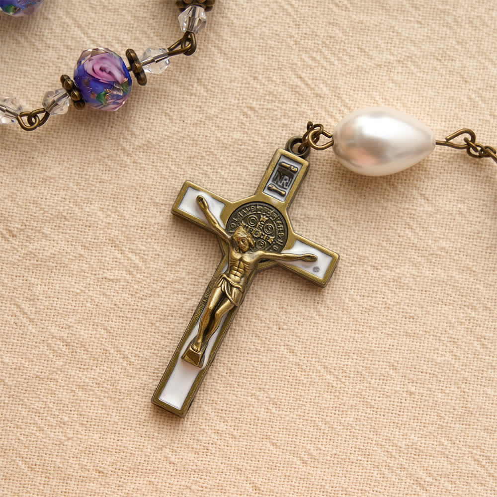 Antique‑Tone Chain Blue Glass Floral Beads Rosary With Our Lady Medallion & Detailed Crucifix