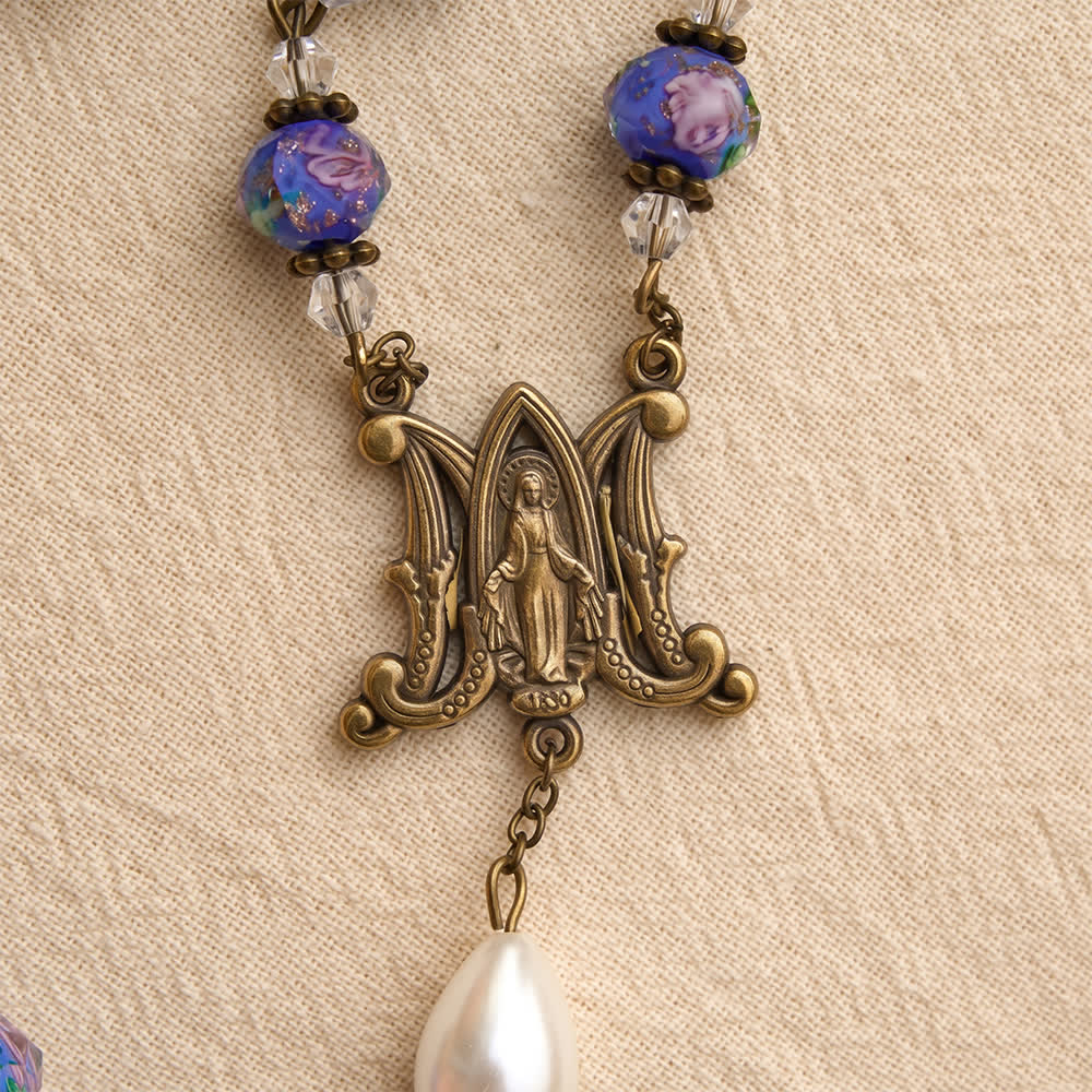 Antique‑Tone Chain Blue Glass Floral Beads Rosary With Our Lady Medallion & Detailed Crucifix