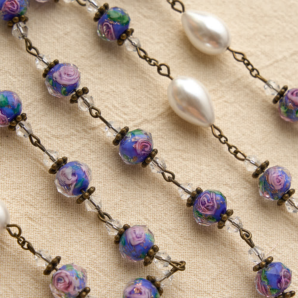 Antique‑Tone Chain Blue Glass Floral Beads Rosary With Our Lady Medallion & Detailed Crucifix