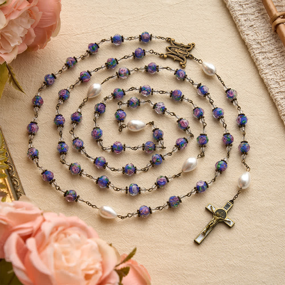 Antique‑Tone Chain Blue Glass Floral Beads Rosary With Our Lady Medallion & Detailed Crucifix