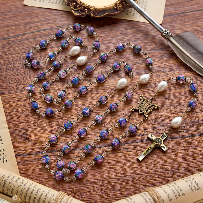 Antique‑Tone Chain Blue Glass Floral Beads Rosary With Our Lady Medallion & Detailed Crucifix