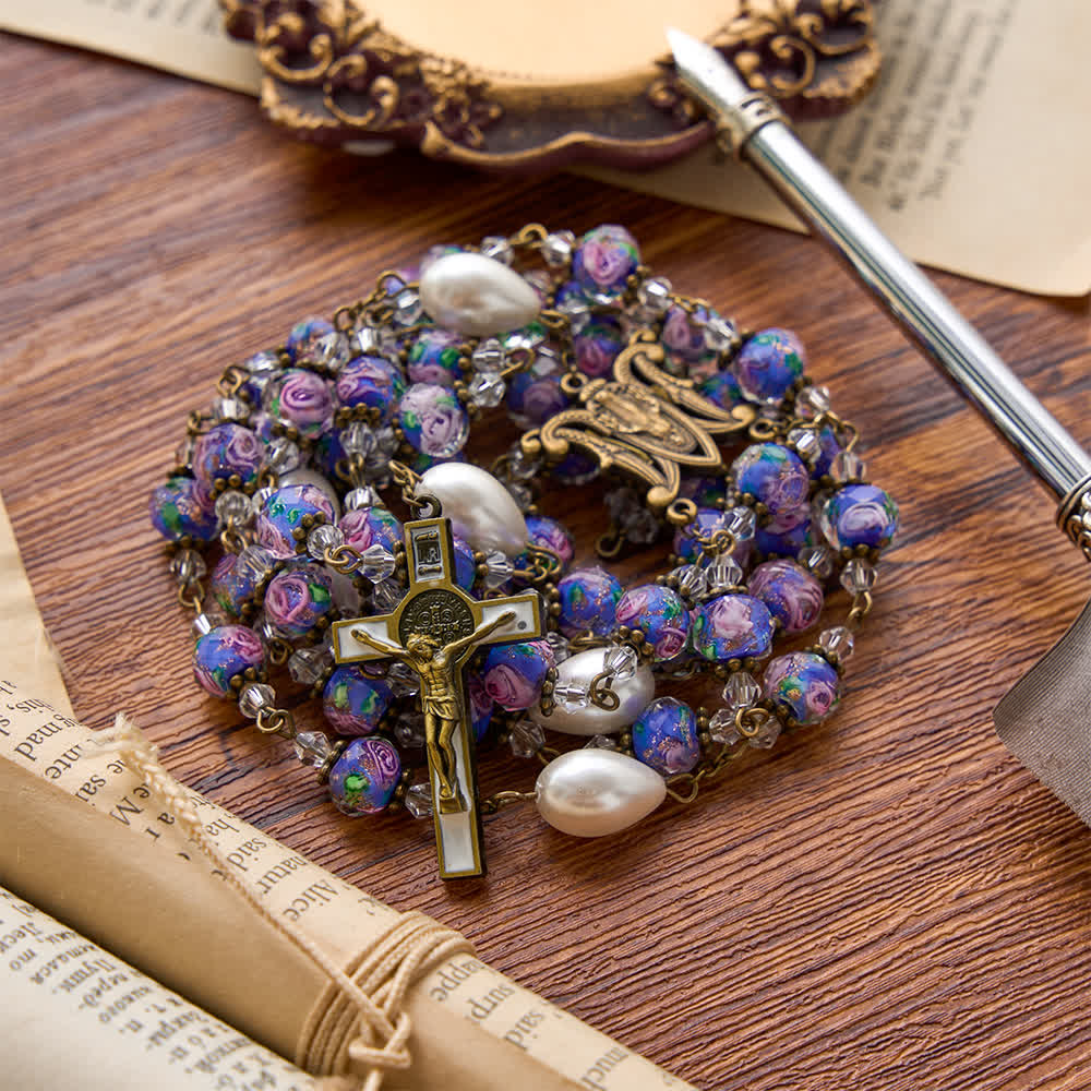 Antique‑Tone Chain Blue Glass Floral Beads Rosary With Our Lady Medallion & Detailed Crucifix