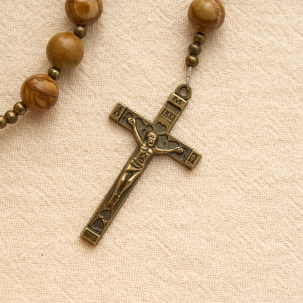 Polished Wood‑Pattern Stone Rosary With Our Lady Medallion: Emblem of Grounded Heavenly Solace