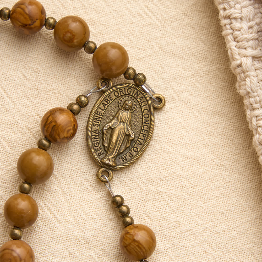 Polished Wood‑Pattern Stone Rosary With Our Lady Medallion: Emblem of Grounded Heavenly Solace