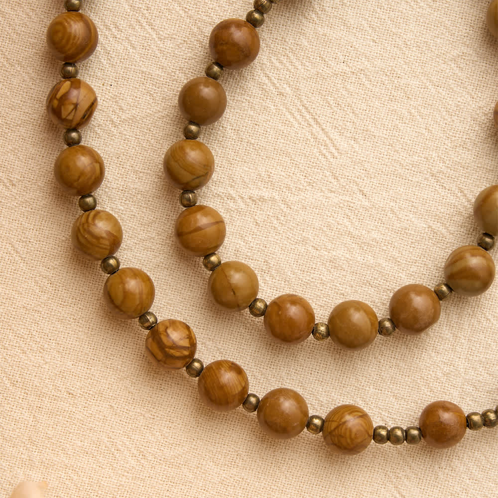 Polished Wood‑Pattern Stone Rosary With Our Lady Medallion: Emblem of Grounded Heavenly Solace