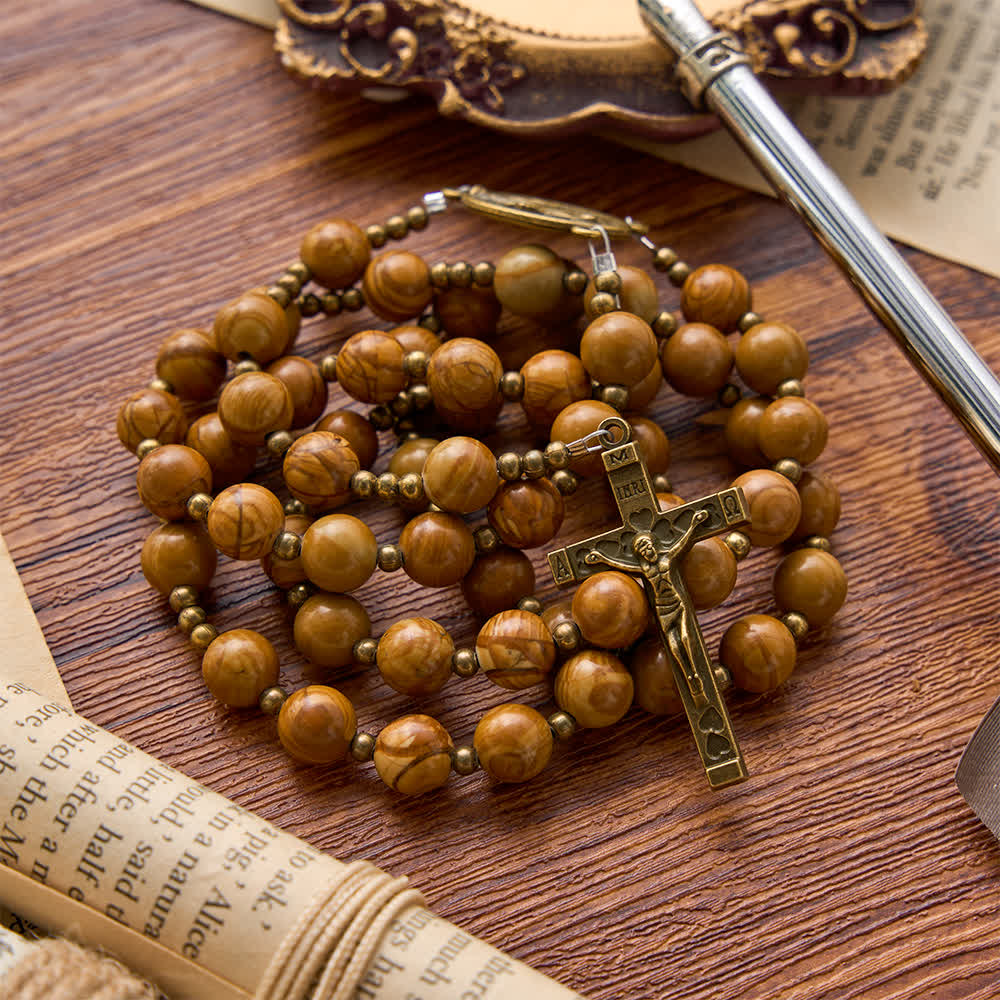 Polished Wood‑Pattern Stone Rosary With Our Lady Medallion: Emblem of Grounded Heavenly Solace
