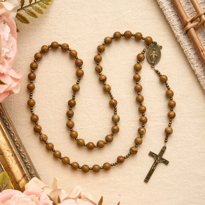 Polished Wood‑Pattern Stone Rosary With Our Lady Medallion: Emblem of Grounded Heavenly Solace