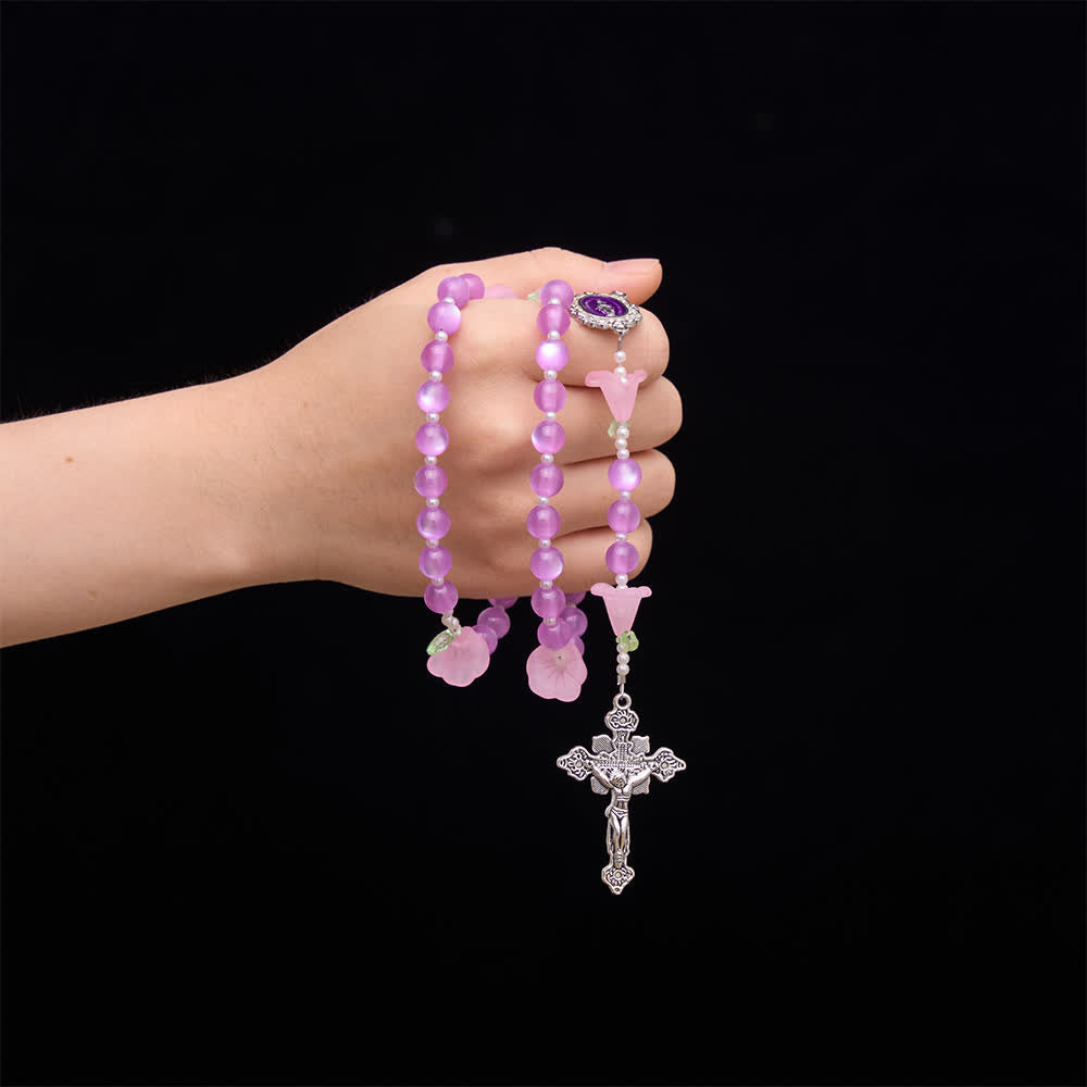Luminous Resin Cat‑Eye Bead Rosary With Delicate Lily Accents: Emblem of Gentle Heavenly Solace