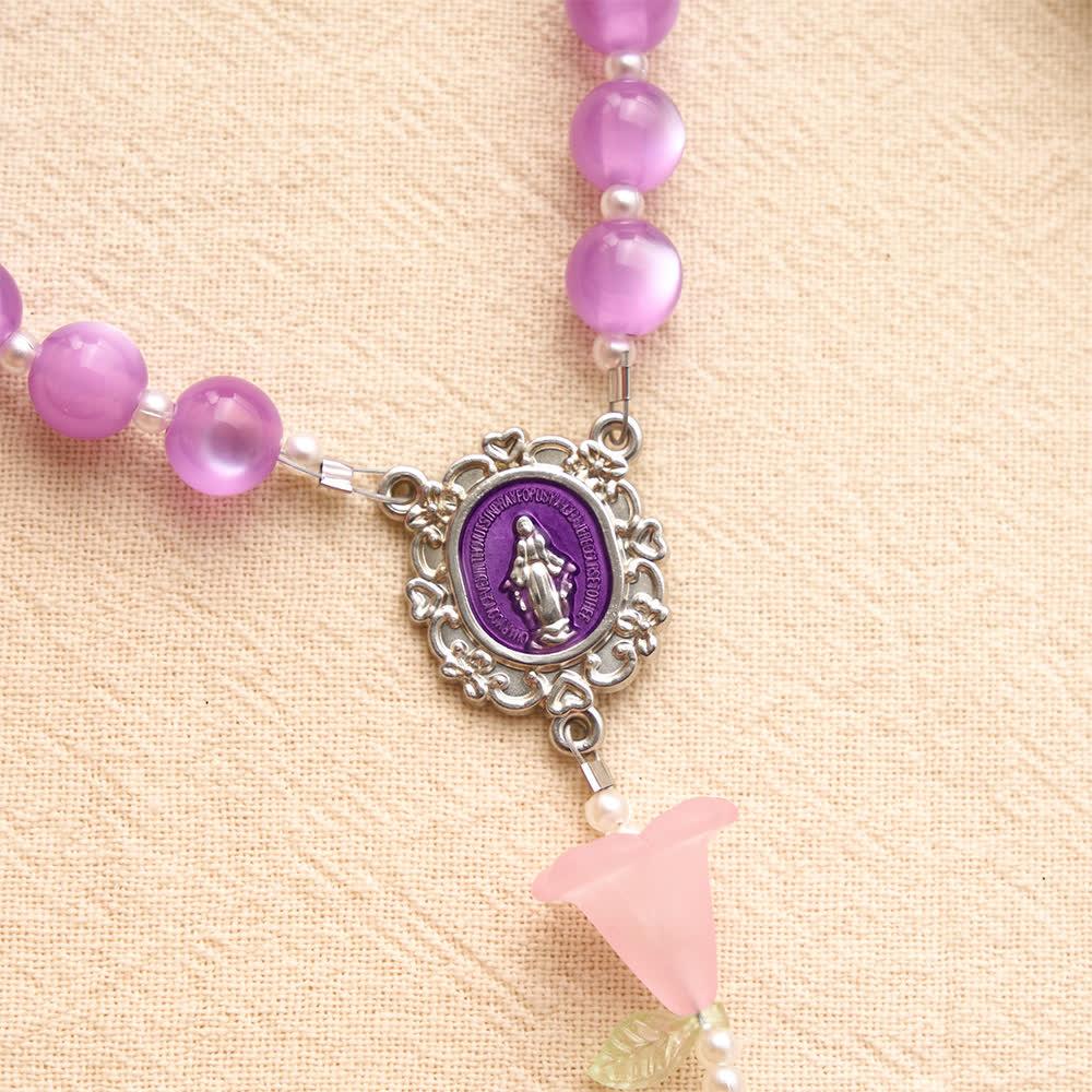 Luminous Resin Cat‑Eye Bead Rosary With Delicate Lily Accents: Emblem of Gentle Heavenly Solace