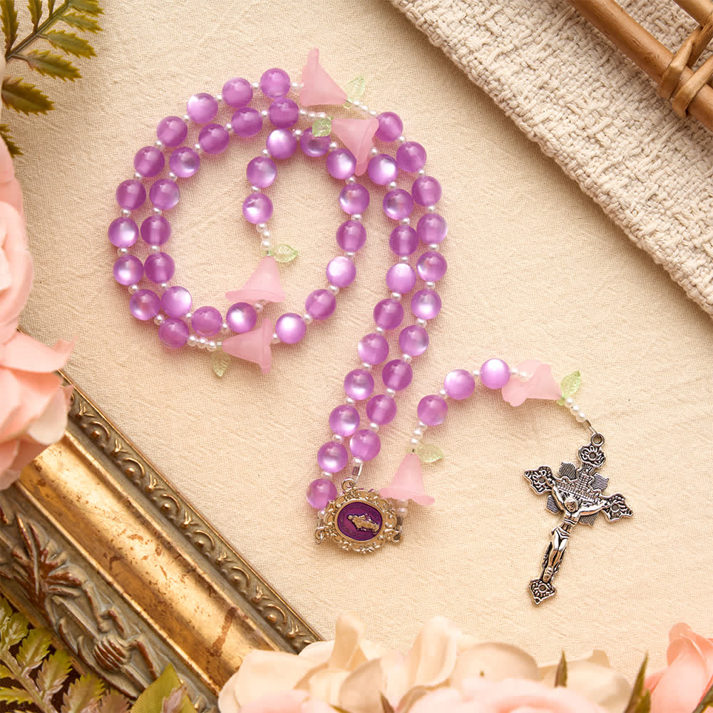 Luminous Resin Cat‑Eye Bead Rosary With Delicate Lily Accents: Emblem of Gentle Heavenly Solace