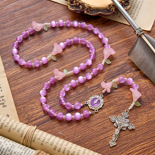 Luminous Resin Cat‑Eye Bead Rosary With Delicate Lily Accents: Emblem of Gentle Heavenly Solace