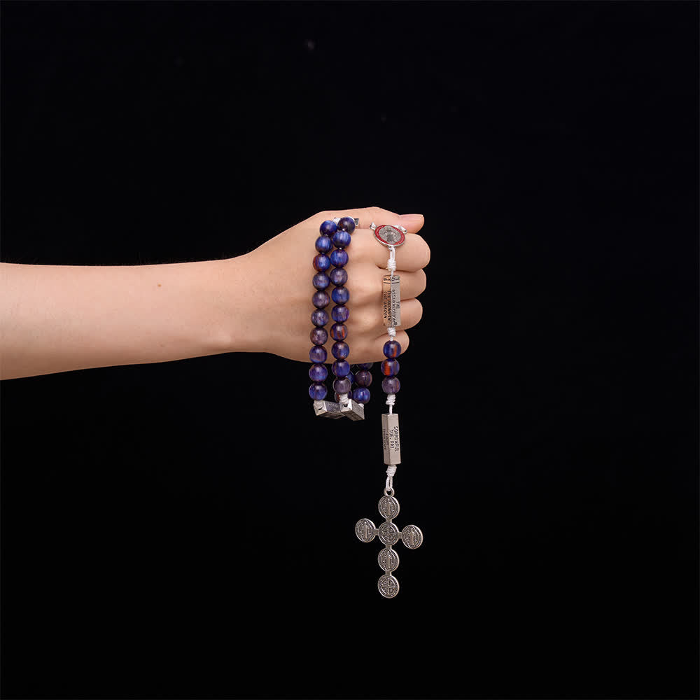 Engraved Scripture‑Node Resin Bead Rosary With St.Benedict Cross: Emblem of Focused Heavenly Solace