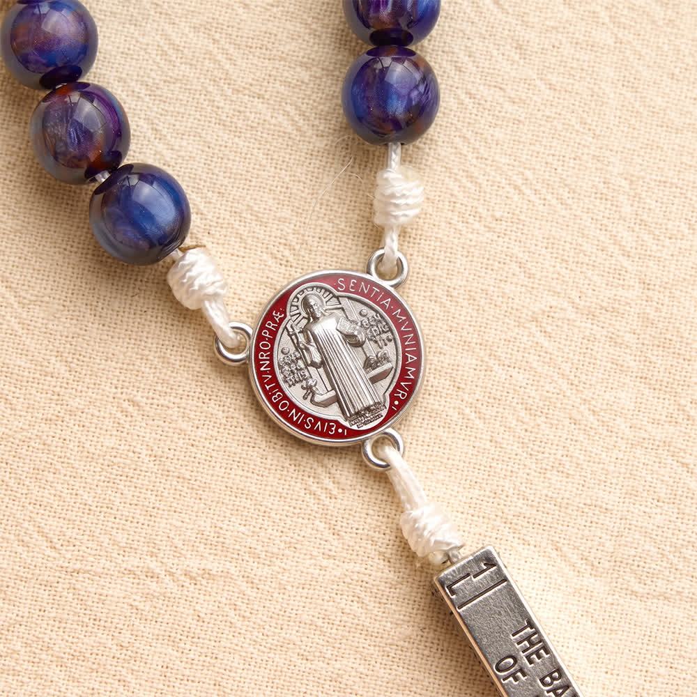 Engraved Scripture‑Node Resin Bead Rosary With St.Benedict Cross: Emblem of Focused Heavenly Solace