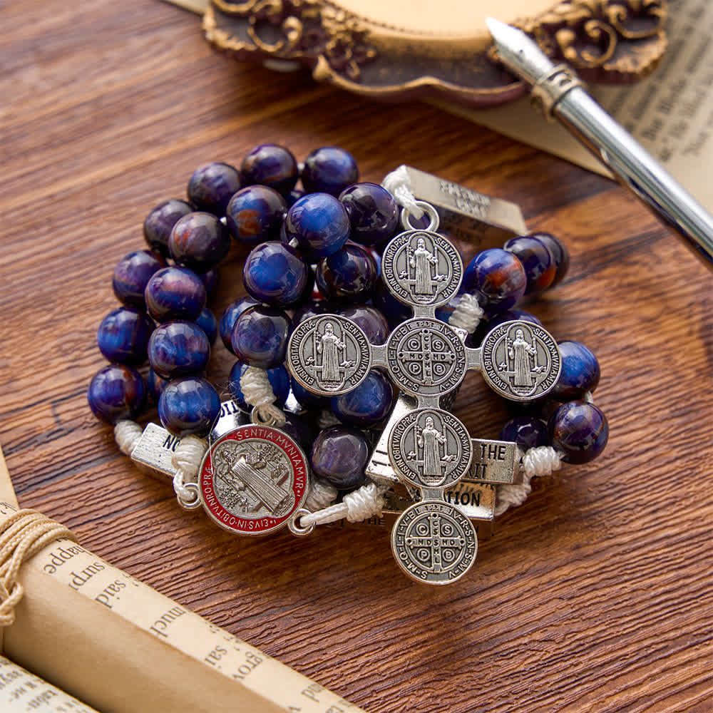 Engraved Scripture‑Node Resin Bead Rosary With St.Benedict Cross: Emblem of Focused Heavenly Solace