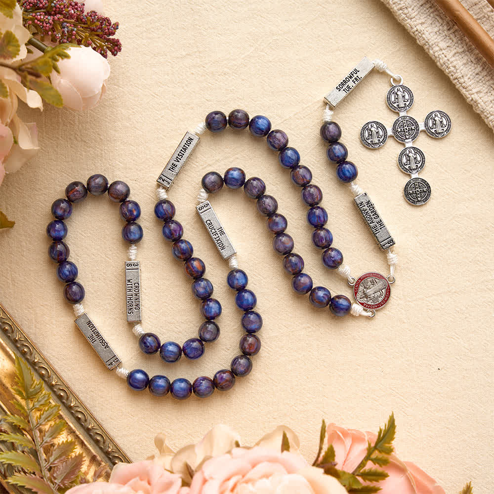 Engraved Scripture‑Node Resin Bead Rosary With St.Benedict Cross: Emblem of Focused Heavenly Solace