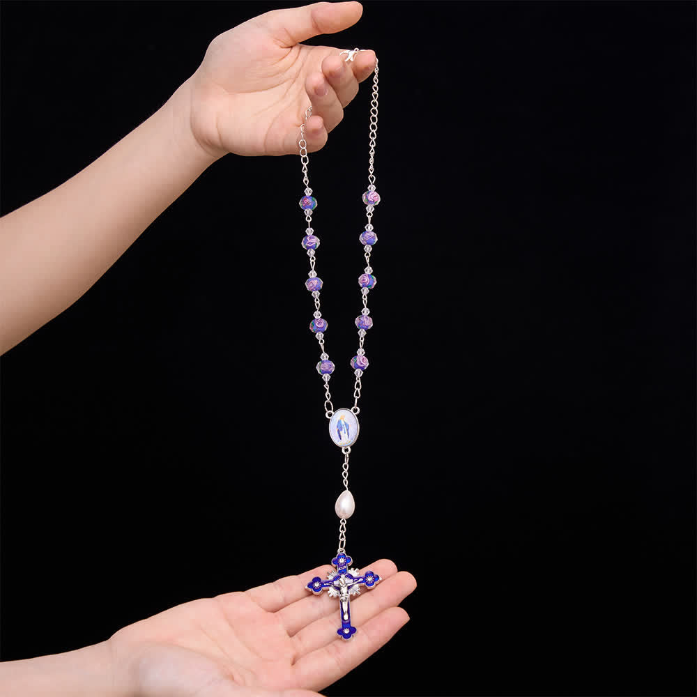 Compact Floral Glass Pocket & Car Rosary With Our Lady Medallion: Emblem of Gentle Heavenly Solace