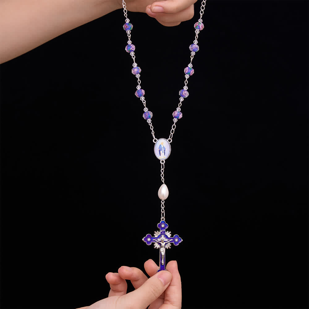 Compact Floral Glass Pocket & Car Rosary With Our Lady Medallion: Emblem of Gentle Heavenly Solace