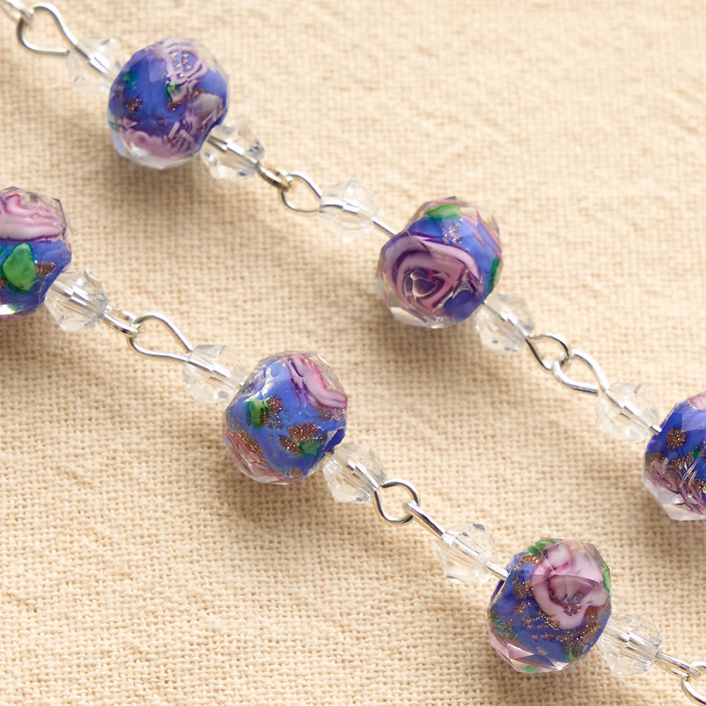 Compact Floral Glass Pocket & Car Rosary With Our Lady Medallion: Emblem of Gentle Heavenly Solace