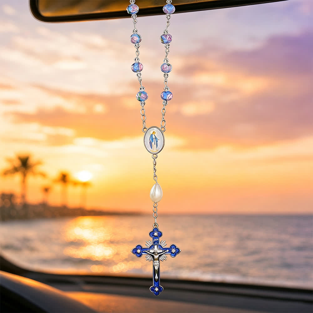 Compact Floral Glass Pocket & Car Rosary With Our Lady Medallion: Emblem of Gentle Heavenly Solace