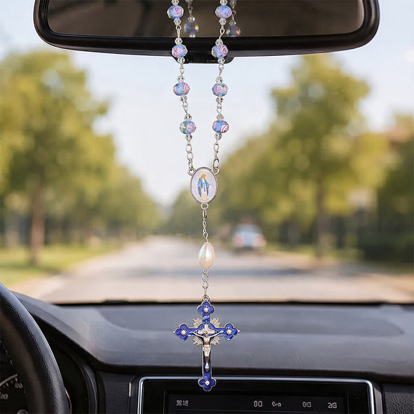 Compact Floral Glass Pocket & Car Rosary With Our Lady Medallion: Emblem of Gentle Heavenly Solace