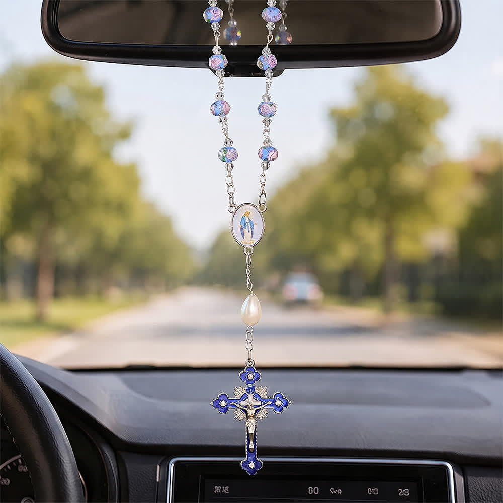 Compact Floral Glass Pocket & Car Rosary With Our Lady Medallion: Emblem of Gentle Heavenly Solace