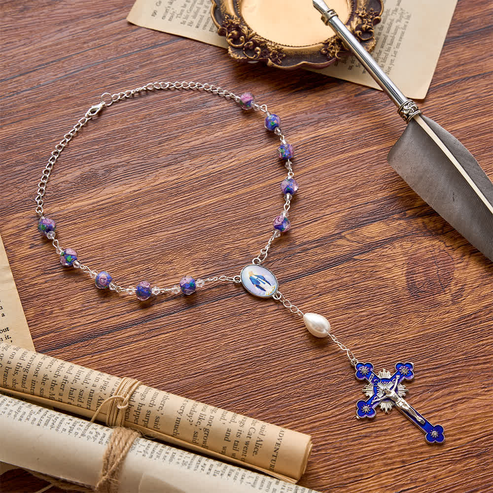 Compact Floral Glass Pocket & Car Rosary With Our Lady Medallion: Emblem of Gentle Heavenly Solace