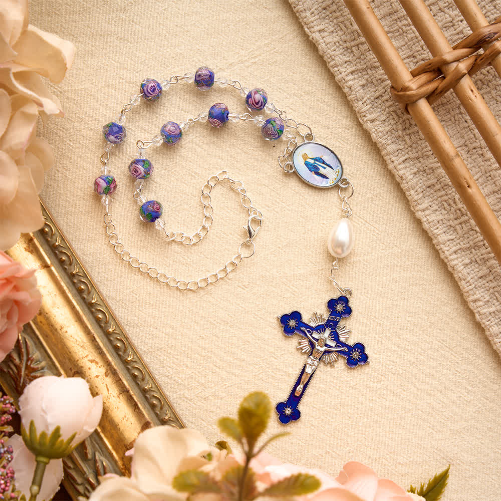 Compact Floral Glass Pocket & Car Rosary With Our Lady Medallion: Emblem of Gentle Heavenly Solace