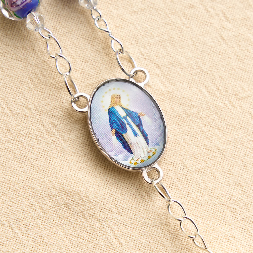 Compact Floral Glass Pocket & Car Rosary With Our Lady Medallion: Emblem of Gentle Heavenly Solace