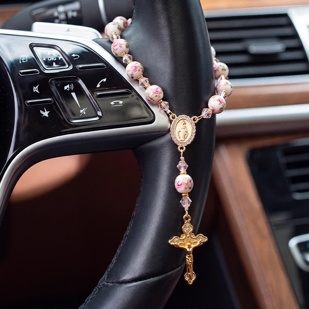 Floral Painted Glass Pocket Car Rosary With Rhinestone Crucifix: Emblem of Gentle Heavenly Peace