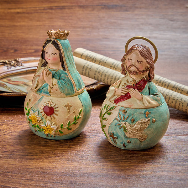 Crown Virgin & Haloed Jesus Rosary Holder Pair: Token of Gentle Celestial Peace