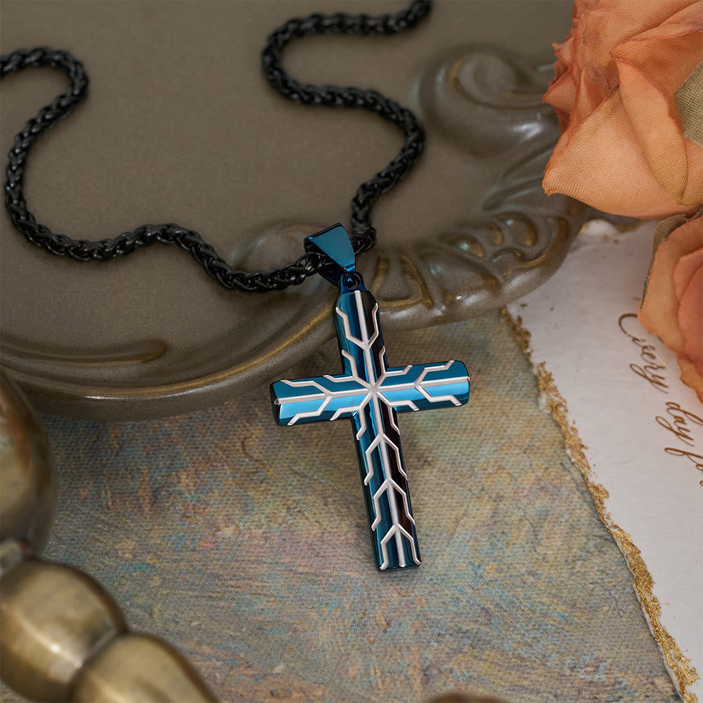 Gloss Golden & Blue Lightning Pattern Engraved Cross Pendant Necklace: Timeless Emblem of Gentle Heavenly Guardianship