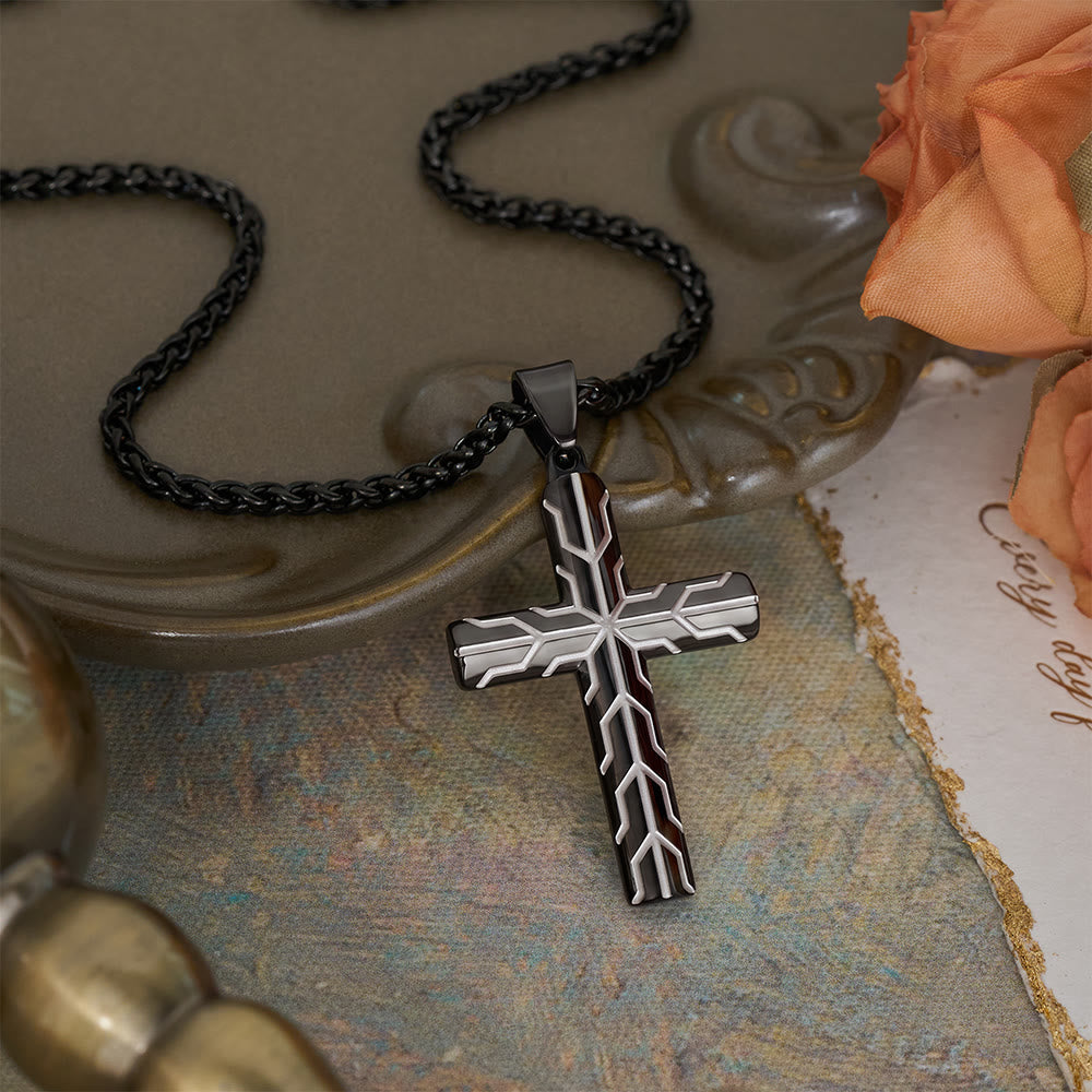Gloss Golden & Blue Lightning Pattern Engraved Cross Pendant Necklace: Timeless Emblem of Gentle Heavenly Guardianship