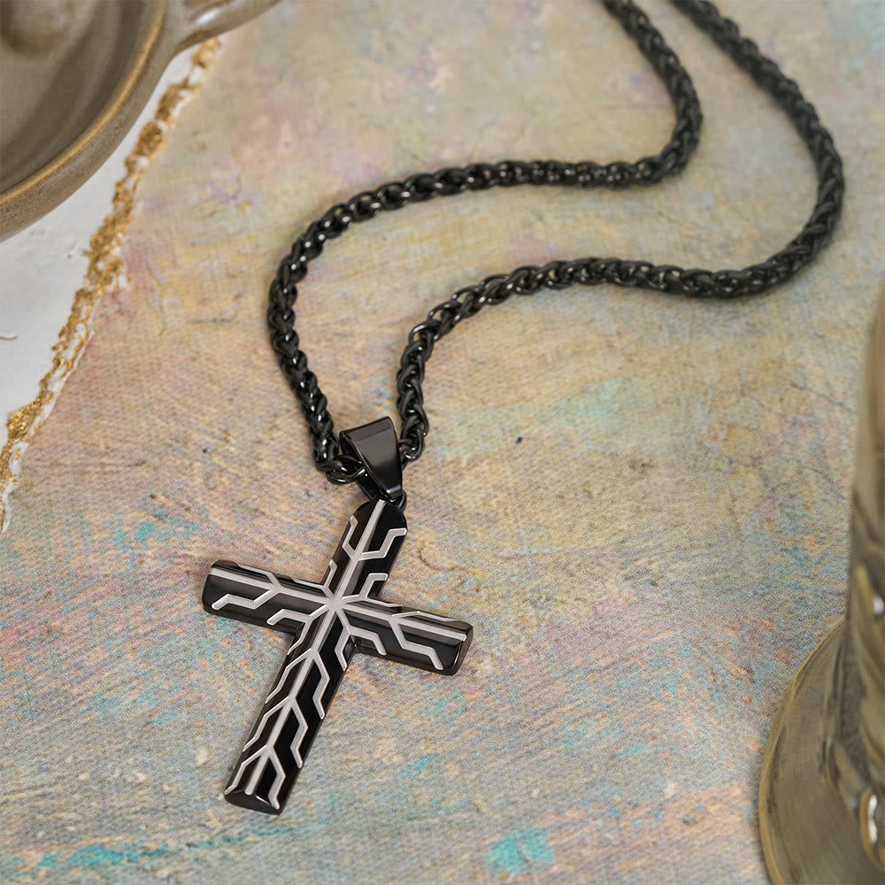 Gloss Golden & Blue Lightning Pattern Engraved Cross Pendant Necklace: Timeless Emblem of Gentle Heavenly Guardianship
