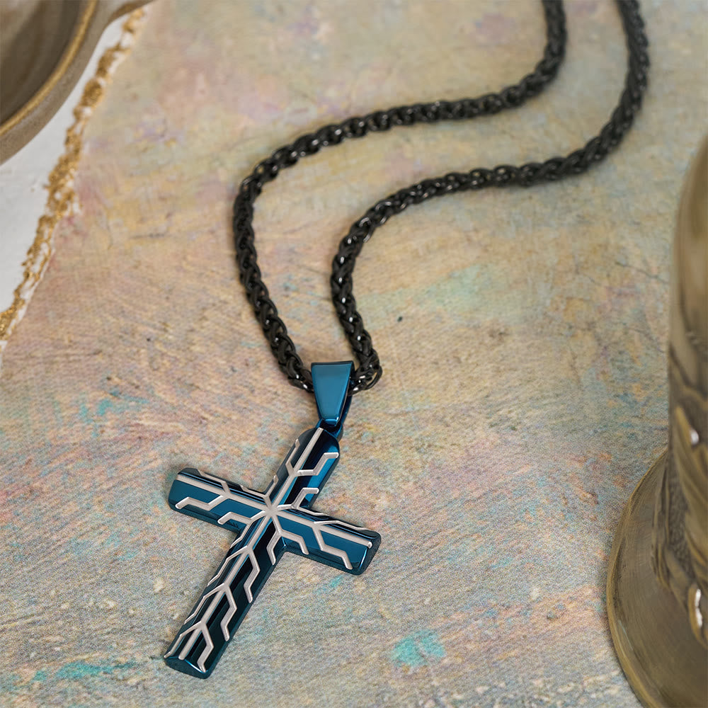 Gloss Golden & Blue Lightning Pattern Engraved Cross Pendant Necklace: Timeless Emblem of Gentle Heavenly Guardianship