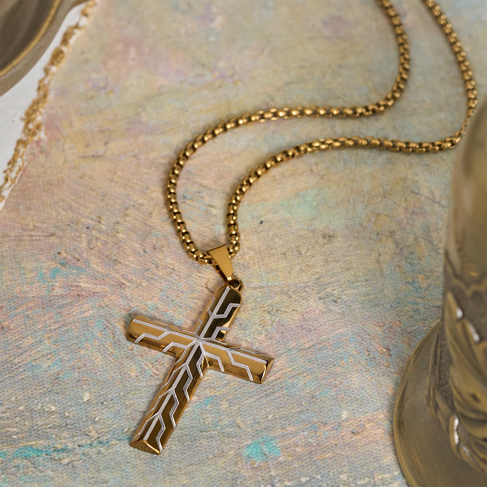 Gloss Golden & Blue Lightning Pattern Engraved Cross Pendant Necklace: Timeless Emblem of Gentle Heavenly Guardianship