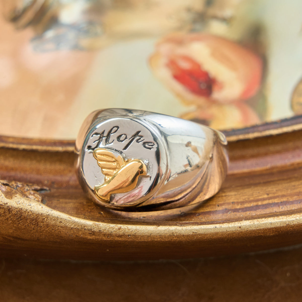 Relief Motif Signet Ring Cross And Holy Spirit Charms: Emblem of Serene Divine Inspiration