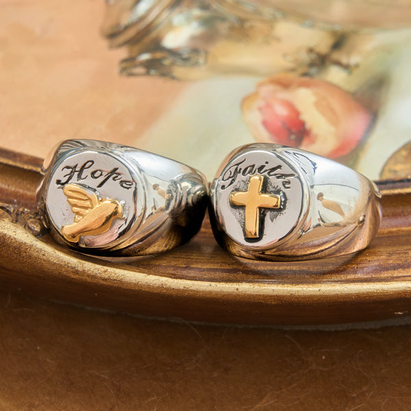 Relief Motif Signet Ring Cross And Holy Spirit Charms: Emblem of Serene Divine Inspiration