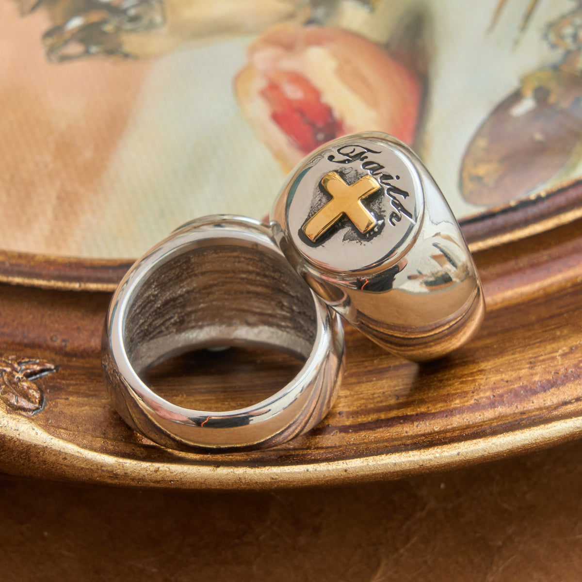 Relief Motif Signet Ring Cross And Holy Spirit Charms: Emblem of Serene Divine Inspiration