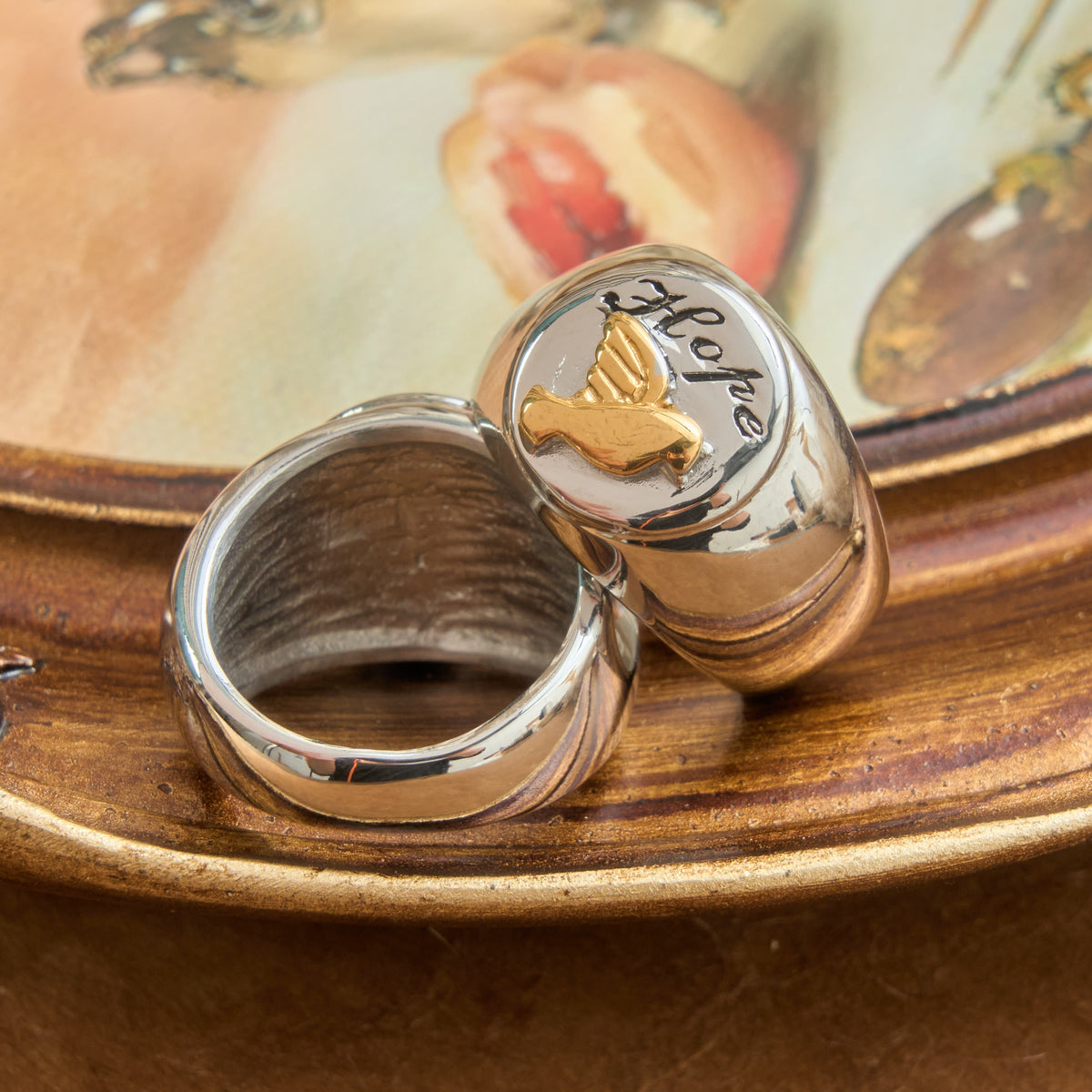 Relief Motif Signet Ring Cross And Holy Spirit Charms: Emblem of Serene Divine Inspiration