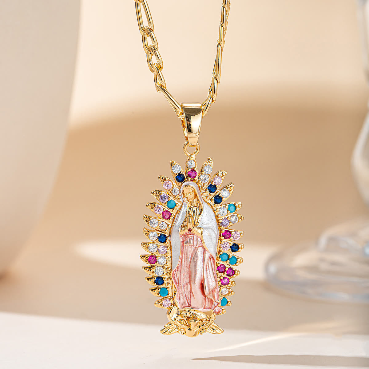 Guadalupe Radiant Halo Pendant Necklace: Emblem of Gentle Heavenly Blessing