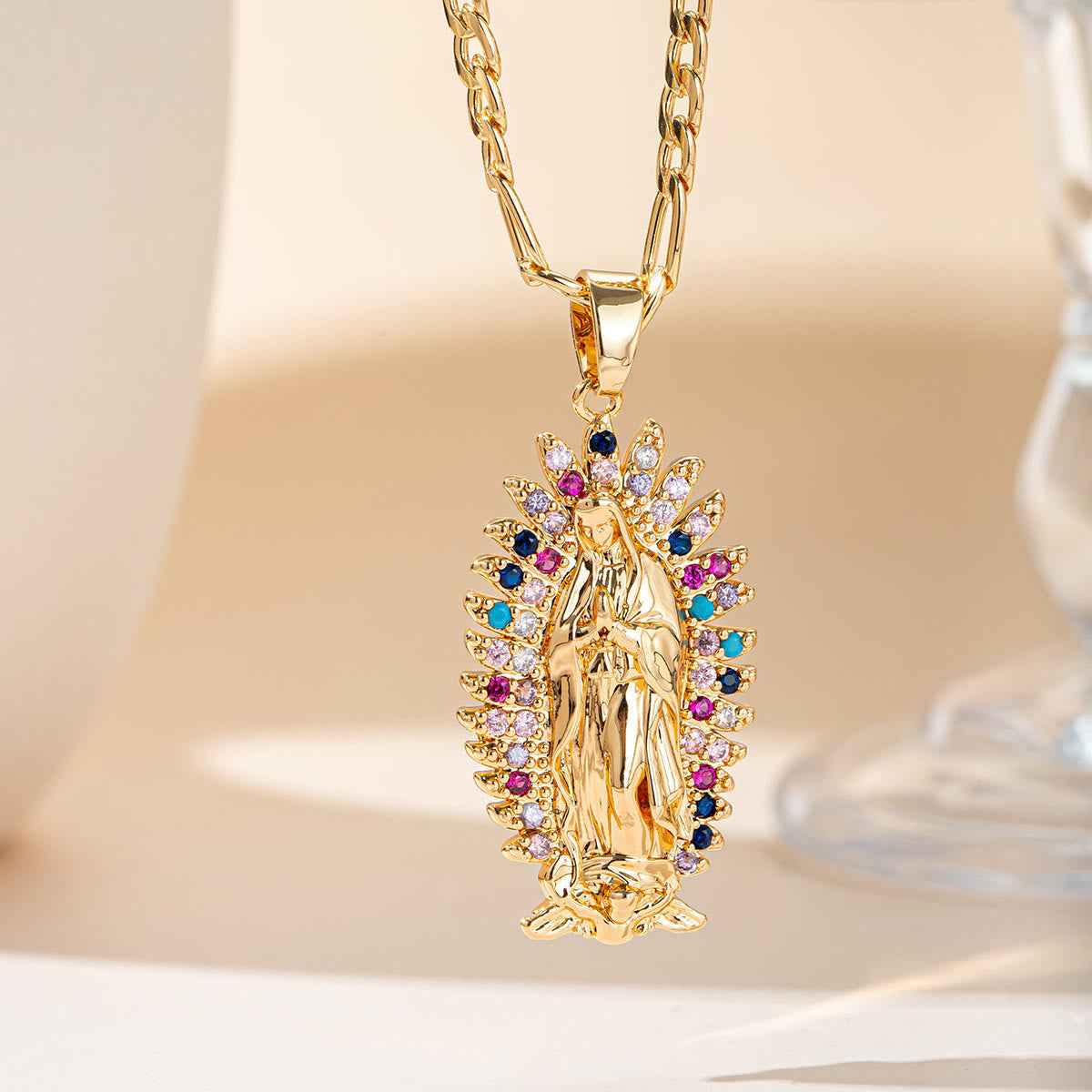 Guadalupe Radiant Halo Pendant Necklace: Emblem of Gentle Heavenly Blessing