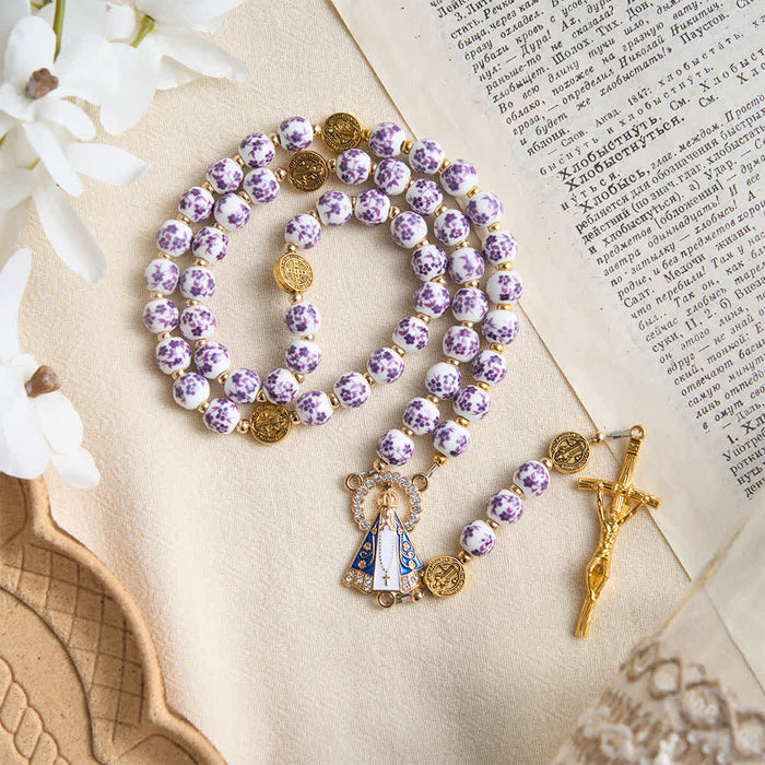 Three-Styled Vintage Floral‑Print Porcelain Rosary & Our Lady Of Aparecida Charm