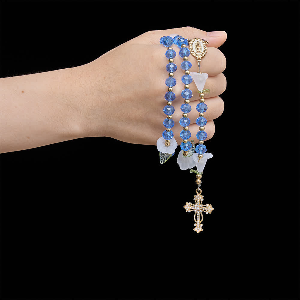 Translucent Blue Glass Lily Rosary With Pearl‑Adorned Cross: Emblem Of Pure Heavenly Serenity
