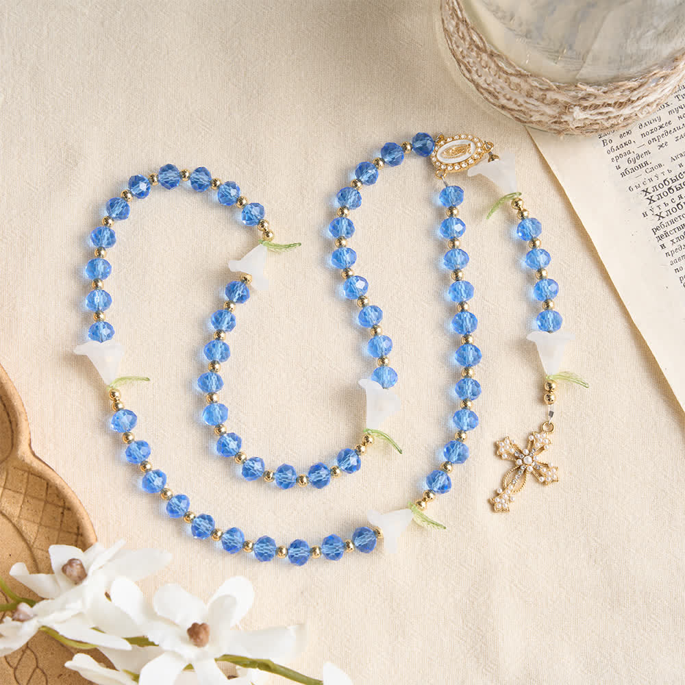 Translucent Blue Glass Lily Rosary With Pearl‑Adorned Cross: Emblem Of Pure Heavenly Serenity