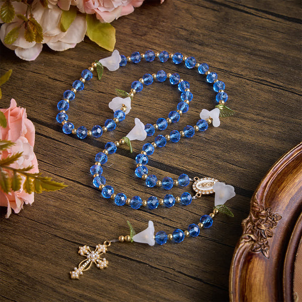 Translucent Blue Glass Lily Rosary With Pearl‑Adorned Cross: Emblem Of Pure Heavenly Serenity