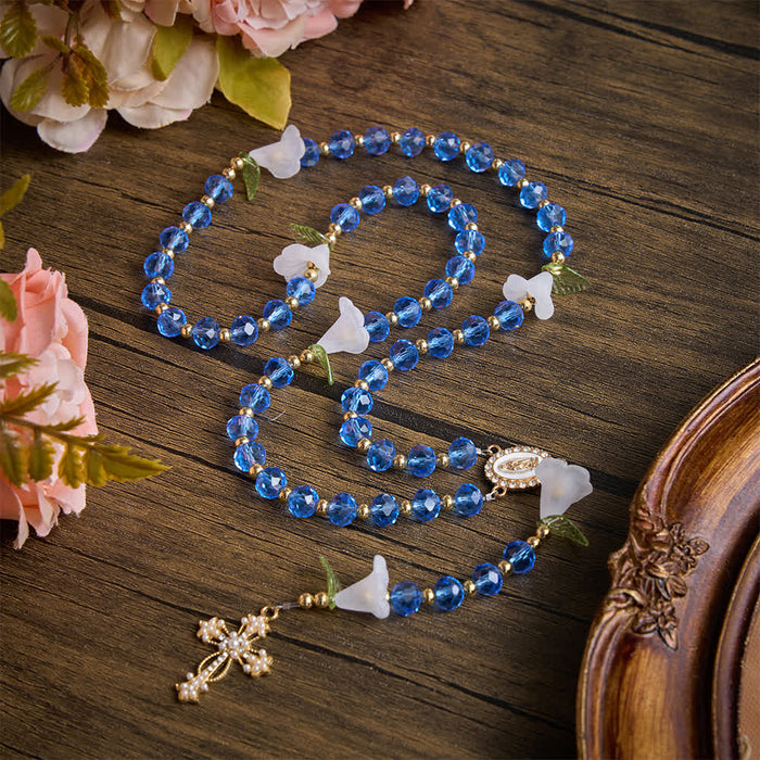 Translucent Blue Glass Lily Rosary With Pearl‑Adorned Cross: Emblem Of Pure Heavenly Serenity