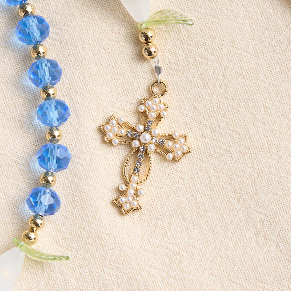 Translucent Blue Glass Lily Rosary With Pearl‑Adorned Cross: Emblem Of Pure Heavenly Serenity