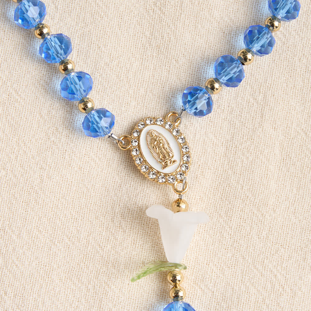 Translucent Blue Glass Lily Rosary With Pearl‑Adorned Cross: Emblem Of Pure Heavenly Serenity